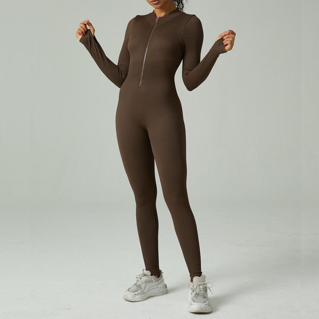 European & American Seamless One-Piece Yoga Jumpsuit - Women's Long-Sleeve, Waist-Cinching Athletic Wear