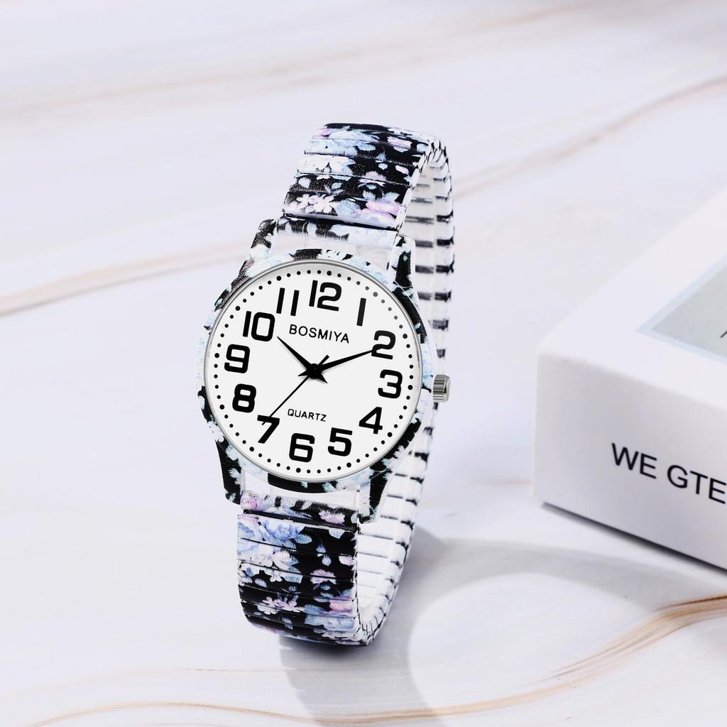 JewelryWe Floral Bohemian Elastic Watch, Stainless Steel & Silicone Band, Quartz, One-Size, Stylish Gift, Women's