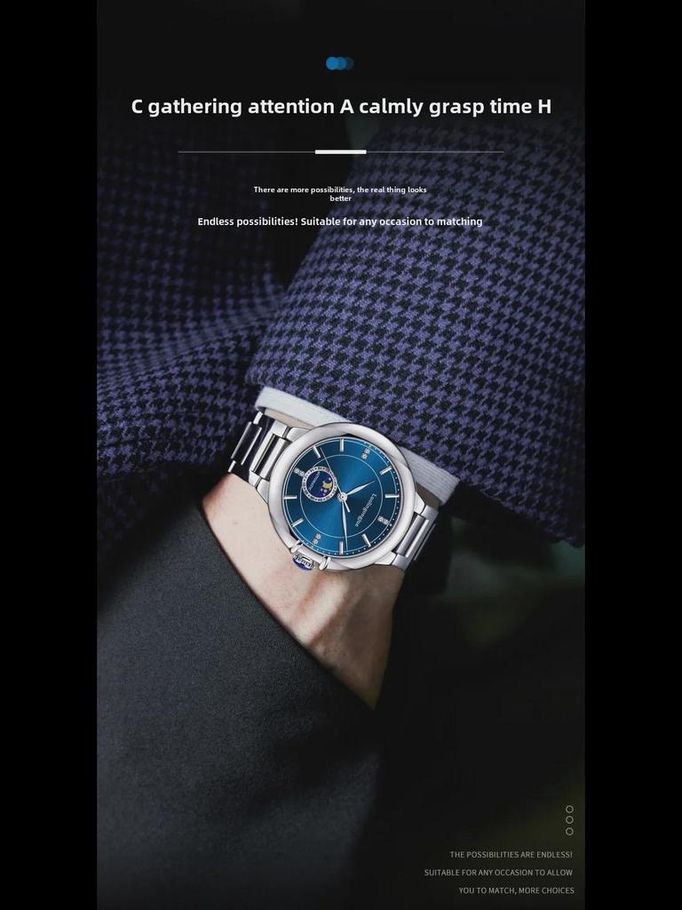 Duke of Lorraine Men's Automatic Watch - Moon Phase, Butterfly Buckle, Leather Strap.