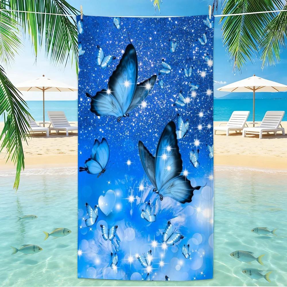 Glitter Bokeh Blue Butterfly Heart Pattern Soft Absorbent Bath Towel for Pool Camping Daily Home Shower Use
