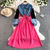 New Lapel Contrasting Denim Patchwork Dress Women's Design Sense Drawstring Waist Slimming Long Dresses