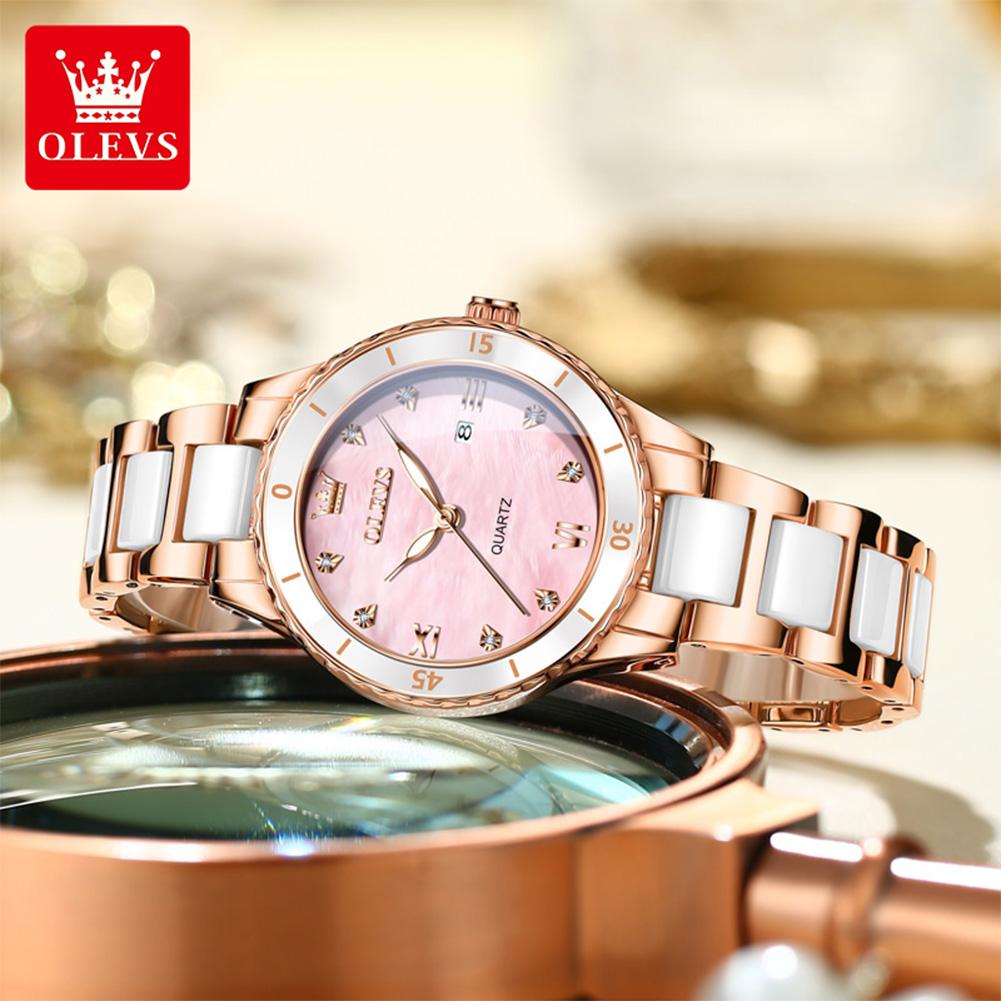 OLEVS 9985 Elegance Women Original Quartz Movement Watch Ceramic Steel Calendar Window Diamond Luminous Waterproof Watch