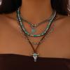 Retro Imitation Turquoise Cow Head Collarbone Necklace, Exotic Ethnic Style Cactus Stacked with Beaded Necklace