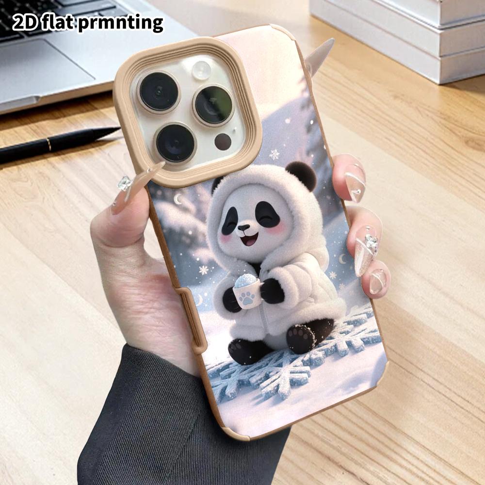 Phone Case: 2D flat lambskin suitable for iPhone 18, 17, 16, 15, 14, 13 Pro protective cases, Panda in a puffy coat, Christmas and Halloween gifts