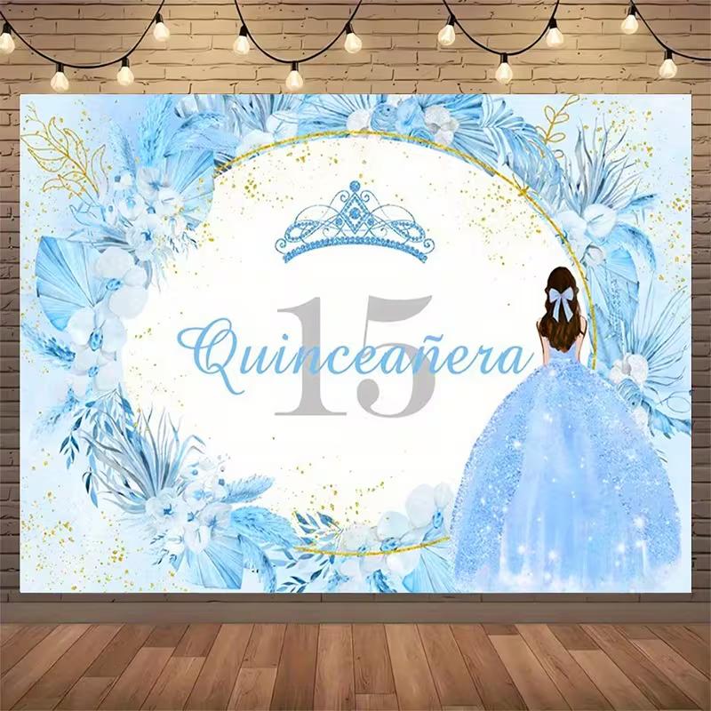 2D Blue & Gold Quinceañera Backdrop Princess Themed 15th Birthday Photo Booth Background