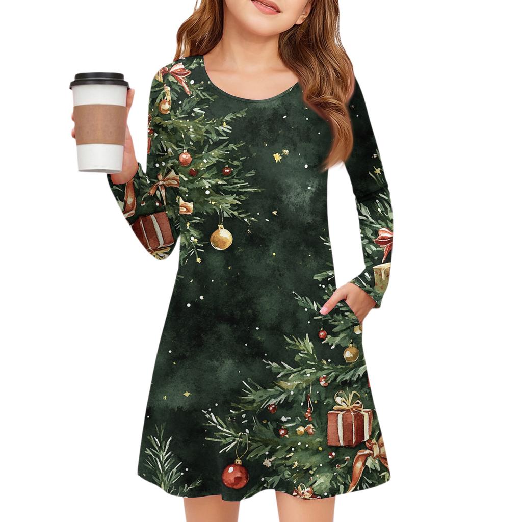 Christmas Day Girls' Long Sleeve Dress - Color Pocket Dress