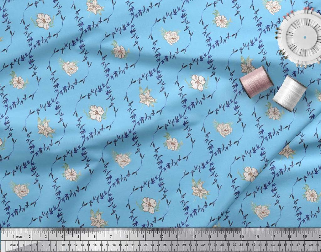 Soimoi Blue Poly Crepe Fabric Azalea & Peony Damask Print Fabric by the metre 42 Inch