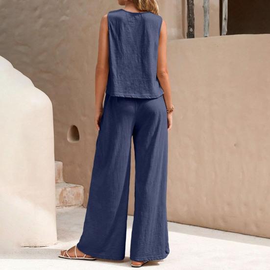 Женский комплект из 2 предметов: жилет, брюки, круглый вырез, без рукавов, однотонный топ, высокая талия, широкие брюки, повседневный наряд для отпуска, летняя пляжная одежда