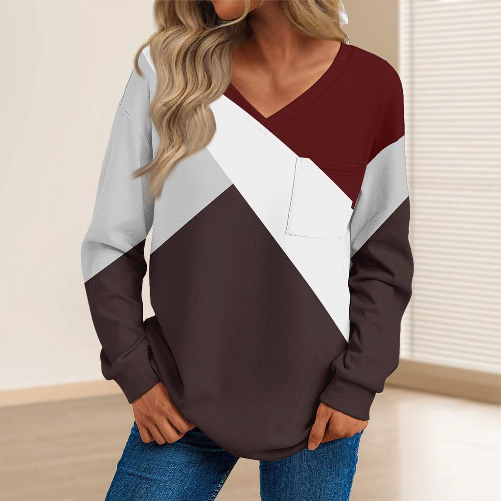 Женская мода повседневный свитер с длинным рукавом и принтом V-образным вырезом