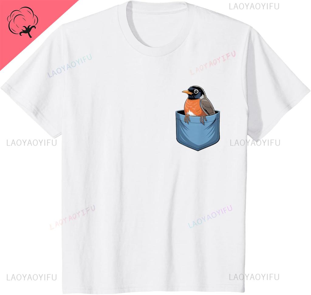 Cute Pocket American Robin Bird Birdwatcher TShirt Breathable and Comfortable Men and Women Short Sleeves Y2k Harajuku Camisas