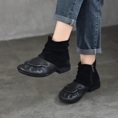 Ретро-туфли ручной работы из натуральной кожи в стиле пэчворк, женские короткие сапоги на низком каблуке с боковой молнией