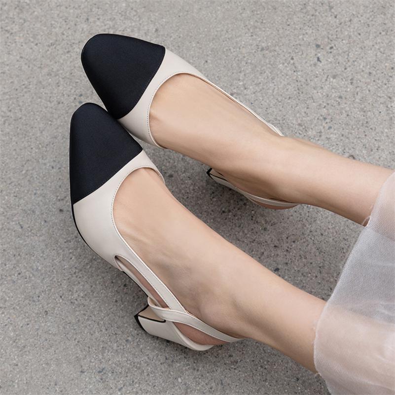 Meotina Women Slingback Shoes Genuine Leather Thick Heels Pumps Round Toe Causal High Heel Ladies Footwear 2022 Spring Apricot