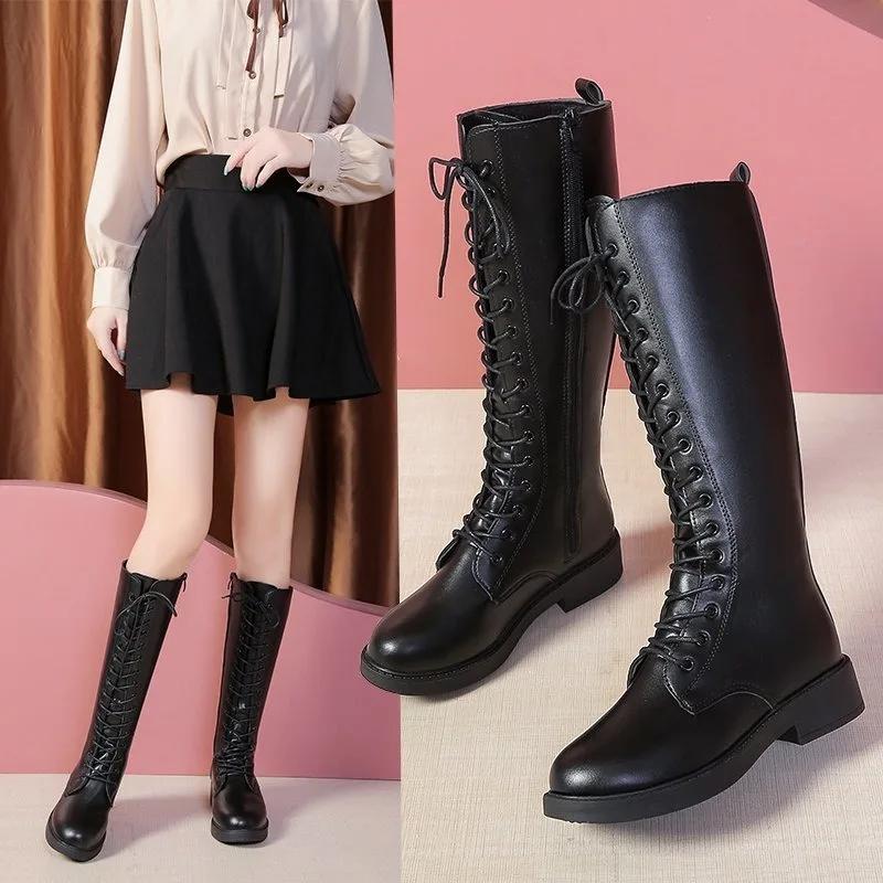 New Round Toe Shoes Fashion Boots  Ladies Short Boots Lace Up Low Heel Booties Punk Rock Winter Mid Calf
