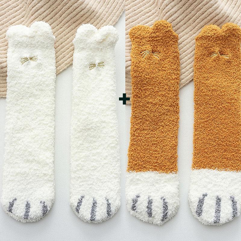 2 пары/лот флисовые тапочки коралловые осенне-зимние носки милые женские носки с принтом кошачьих лапок и животных