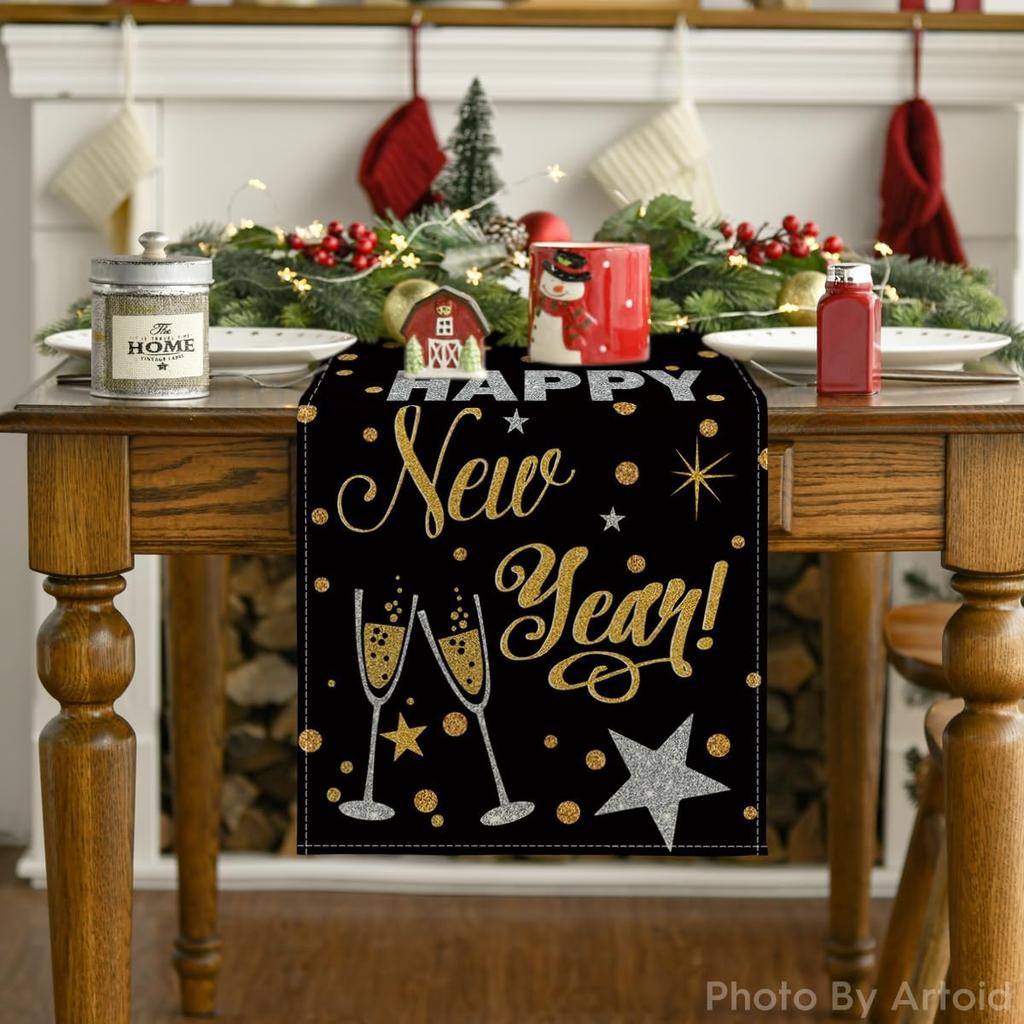 Artoid Mode Cheers Black and Gold 2025 Happy New Year Table Runner, Xmas Winter Holiday Kitchen Dining Table Decoration for Indoor Outdoor Home Party