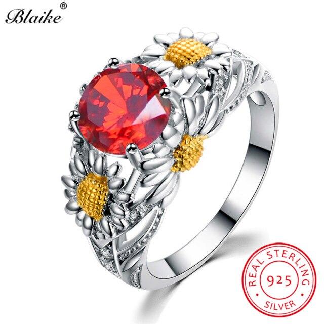 Cute Plant Daisy Ring 925 Sterling Silver Rings For Women White Yellow Topaz Red Ruby Stone Wedding Bands Zircon Engagement Ring