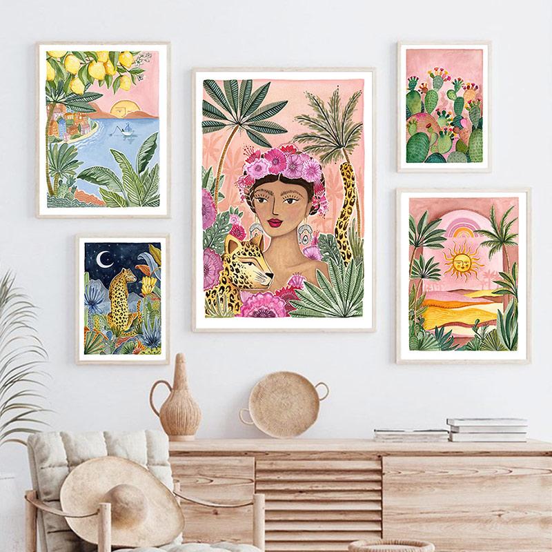 Boho Sun Cactus Banana Tree Женская леопардовая настенная живопись на холсте Плакаты на скандинавскую тему и принты настенные панно для декора гостиной