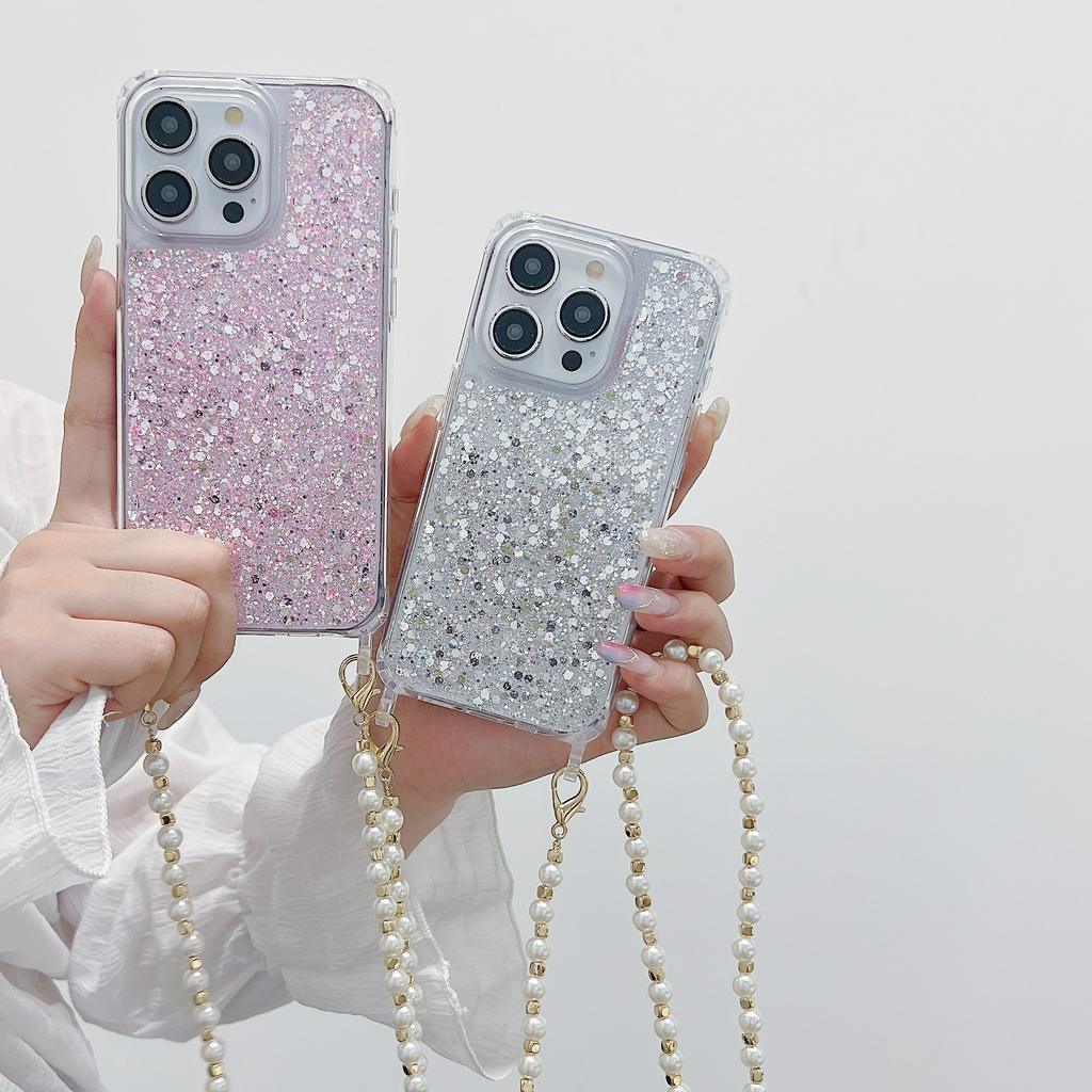 Чехол для iPhone 15 Pro Max из блестящей пудры, акрила + TPU с ремешком из жемчужных бусин