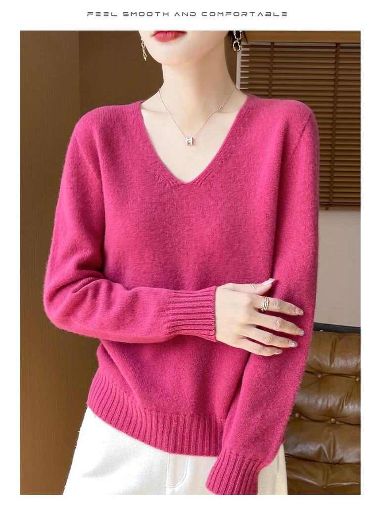 Minimalist 100% Wool V-Neck Sweater: Seamless, Solid Color, Long Sleeve, New Women's Knit