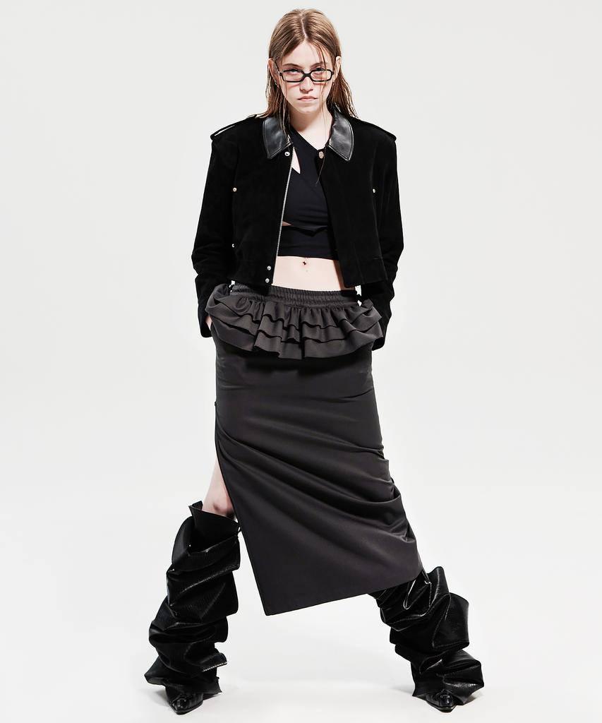 Holy Number Seven Ruffled Long Skirt _ Charcoal