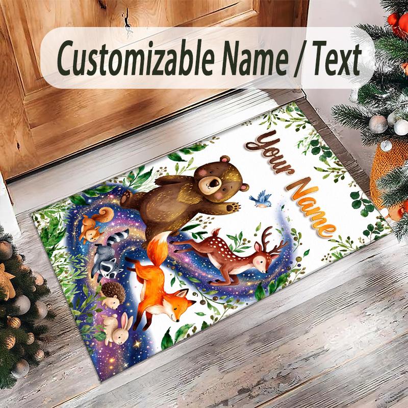 Forest Nature Theme Crystal Velvet Rug Personalized Custom Name Text Soft Floor Mat Home Decor