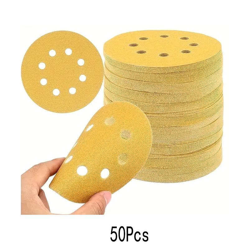 10/50 шт. 5-дюймовые желтые шлифовальные диски 8 отверстий 125 мм наждачная бумага из оксида алюминия с липучкой для полировки эксцентриковой шлифовальной машины