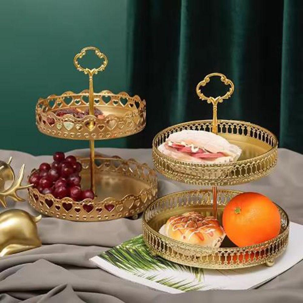 Gold Fruit Serving Tray Hollow Out 2 Tier Fruit Tray Multipurpose Jewelry Dish  Front Desk