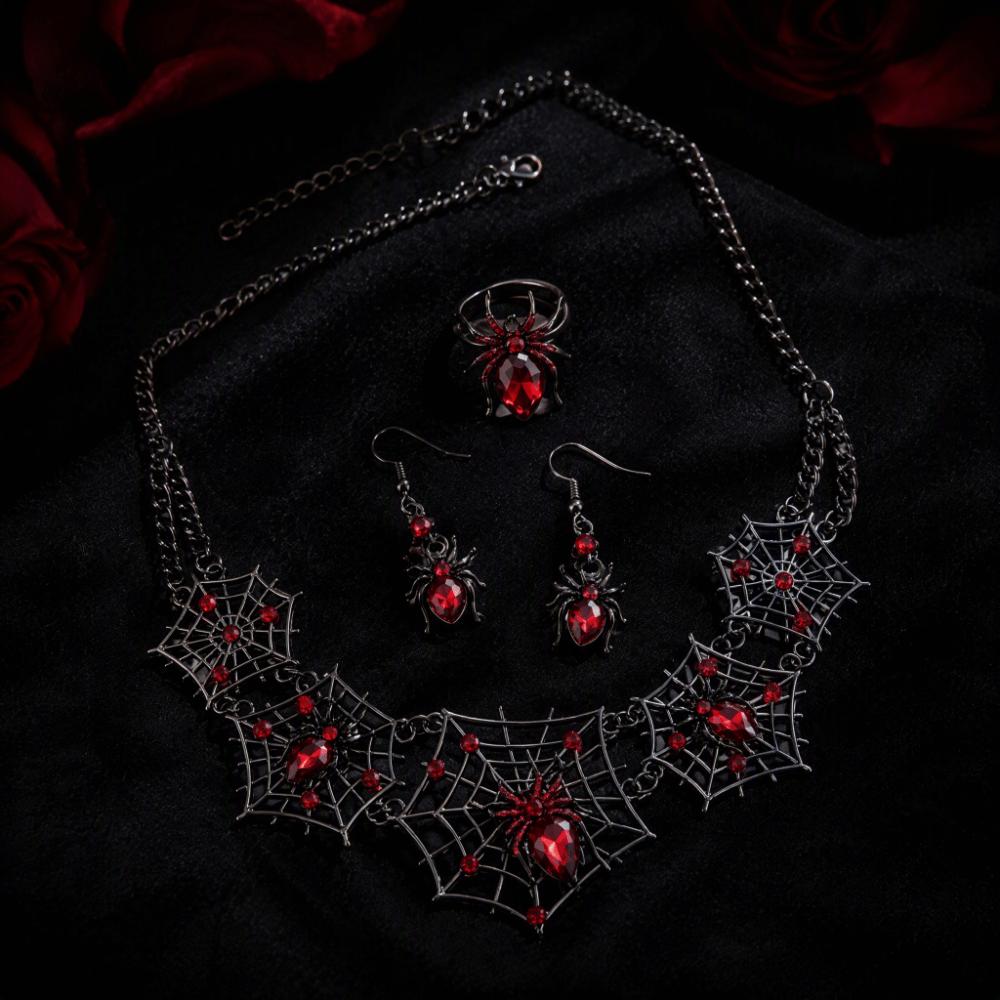 3pcs Zinc Zinc Zinc Alloy Black Spider Necklace Earrings Ring Set Punk Hollow Necklace Dark Theme Events