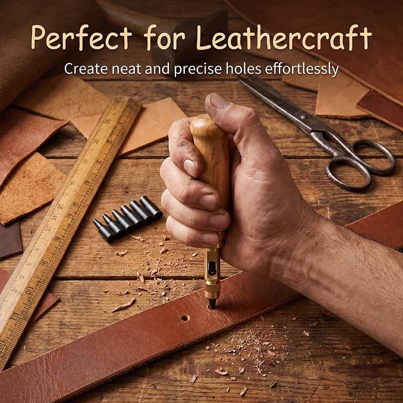 Professional Leather Hole Punch Tool Set Round Hollow Belt Hole Puncher with 6 Dies for Belts Watch Bands Leathercraft PGDKQ2