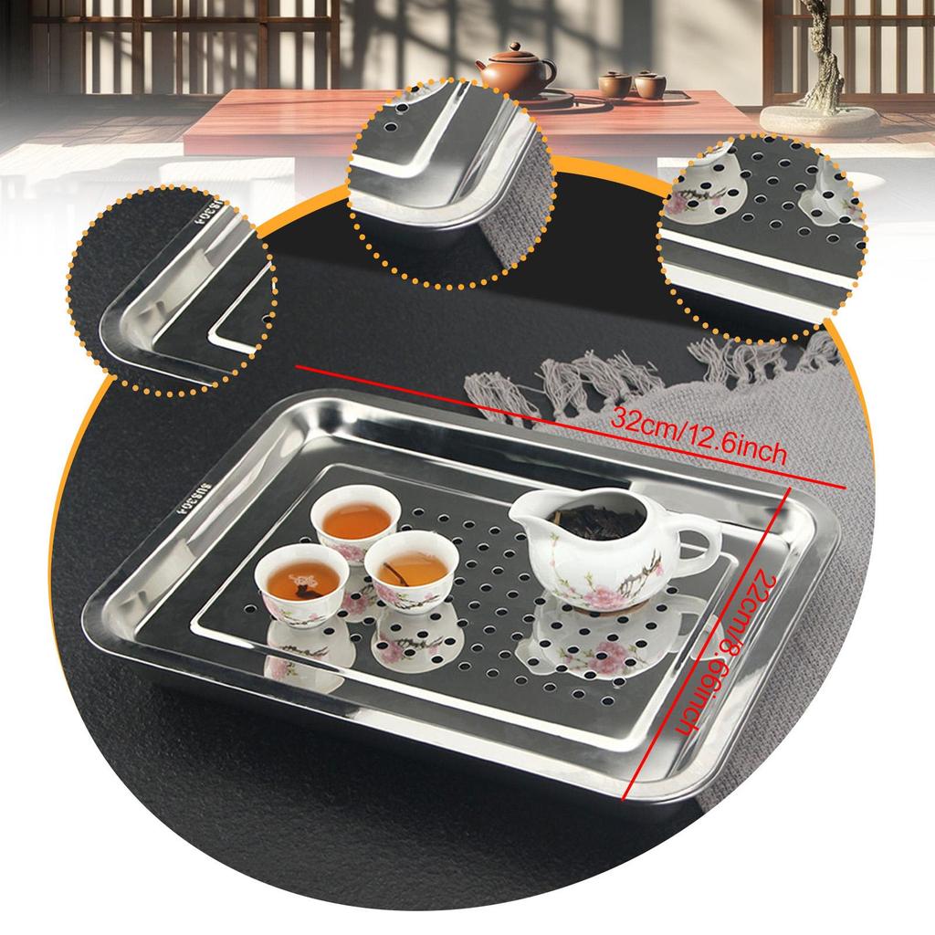 Tea Serving Tray Stainless Steel Metal Versatile Organizer Gungfu Tea Table Serving Tray for Home Kitchen Teahouse Party Office