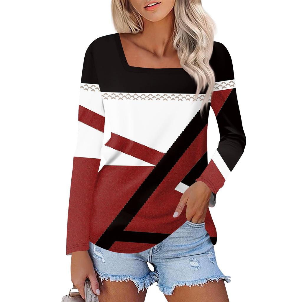 Рубашка для женщин, модная повседневная свободная футболка с квадратным вырезом и длинным рукавом с принтом, женский топ