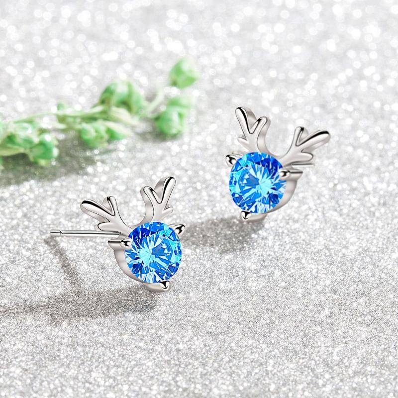 Маленькие прозрачные серьги с рогами для девочек с синим цирконом