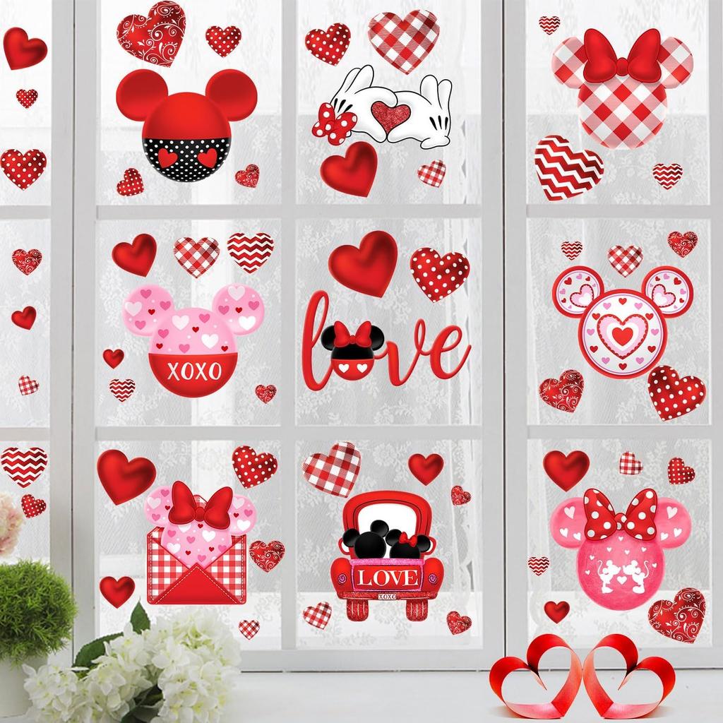 Red and Pink Valentine's Day Mouse Sticker Decals, 77pcs Reble Waterproof PVC Window Decorations for Home Party Supplies