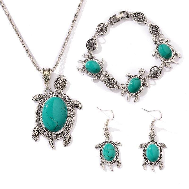 Retro Turquoise Turtle Jewelry Set: Three-Piece Exotic European & American Fashion