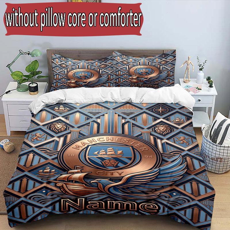 3pcs Duvet Cover Set (1*Duvet Cover + 2*Pillowcase, Without Core), Custom Name Manchester City Pattern Bedding Set, Home Bedroom Decor Gift