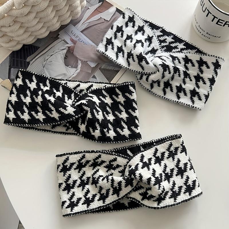 Винтажная элегантная широкая повязка на голову с узором «гусиная лапка», шикарная спортивная теплая повязка на голову для женщин, аксессуар для волос с перекрестным узлом