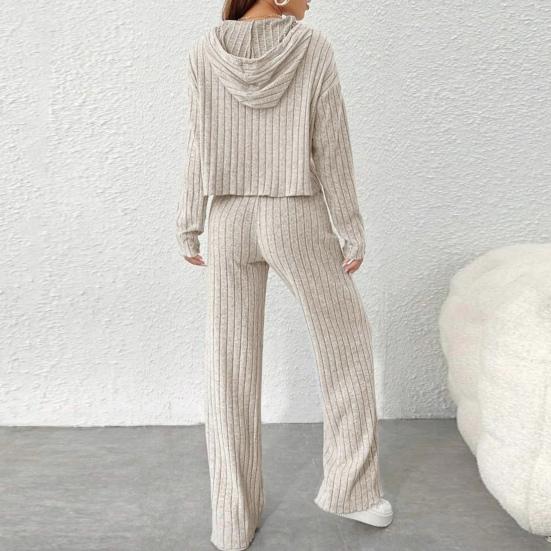 2 Pcs/Set Women Hoodie Pants Suit Drawstring Thread Long Sleeves Solid Color Top High Waist Wide Leg Sport Trousers Spring Fall Tracksuit