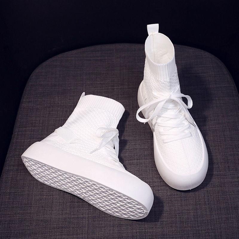 Женские трикотажные сапоги-носки из эластичной ткани 2024 года, осенние ботильоны на плоской платформе, женские зеленые туфли с толстой подошвой и полой сеткой