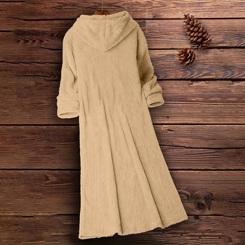Women's Fuzzy Fleece Hoodies Dress, Warm Winter Loose Long Sleeve Casual Soft Dresses with Pockets