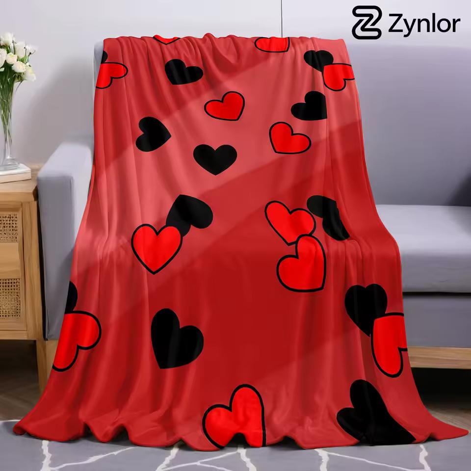 Red Black Heart Lightweight Microfiber Soft Christmas Fleece Blanket Warm Cozy Throw for Bed Sofa Office Travel All Season