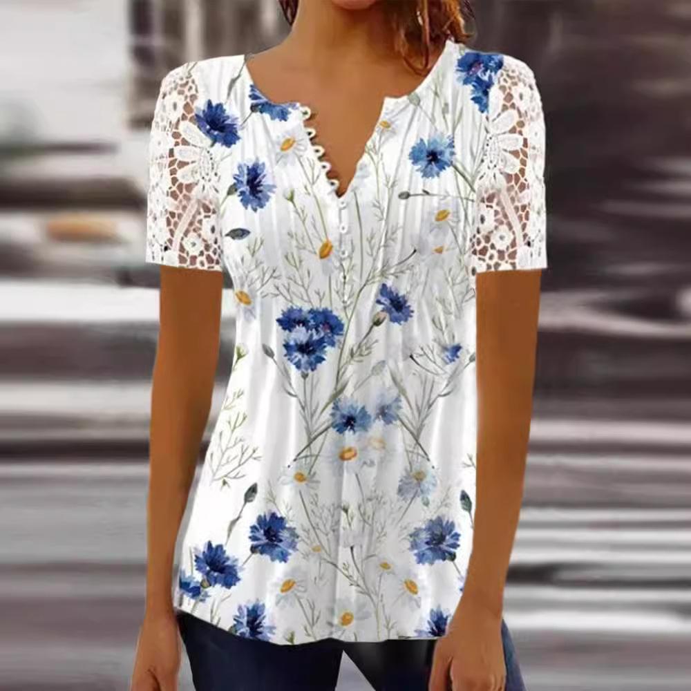 Summer Spring Women's Loose and Comfortable Casual Lace V-Neck Printed Blouse Floral Short Sleeve Elegant Fashion Shirt