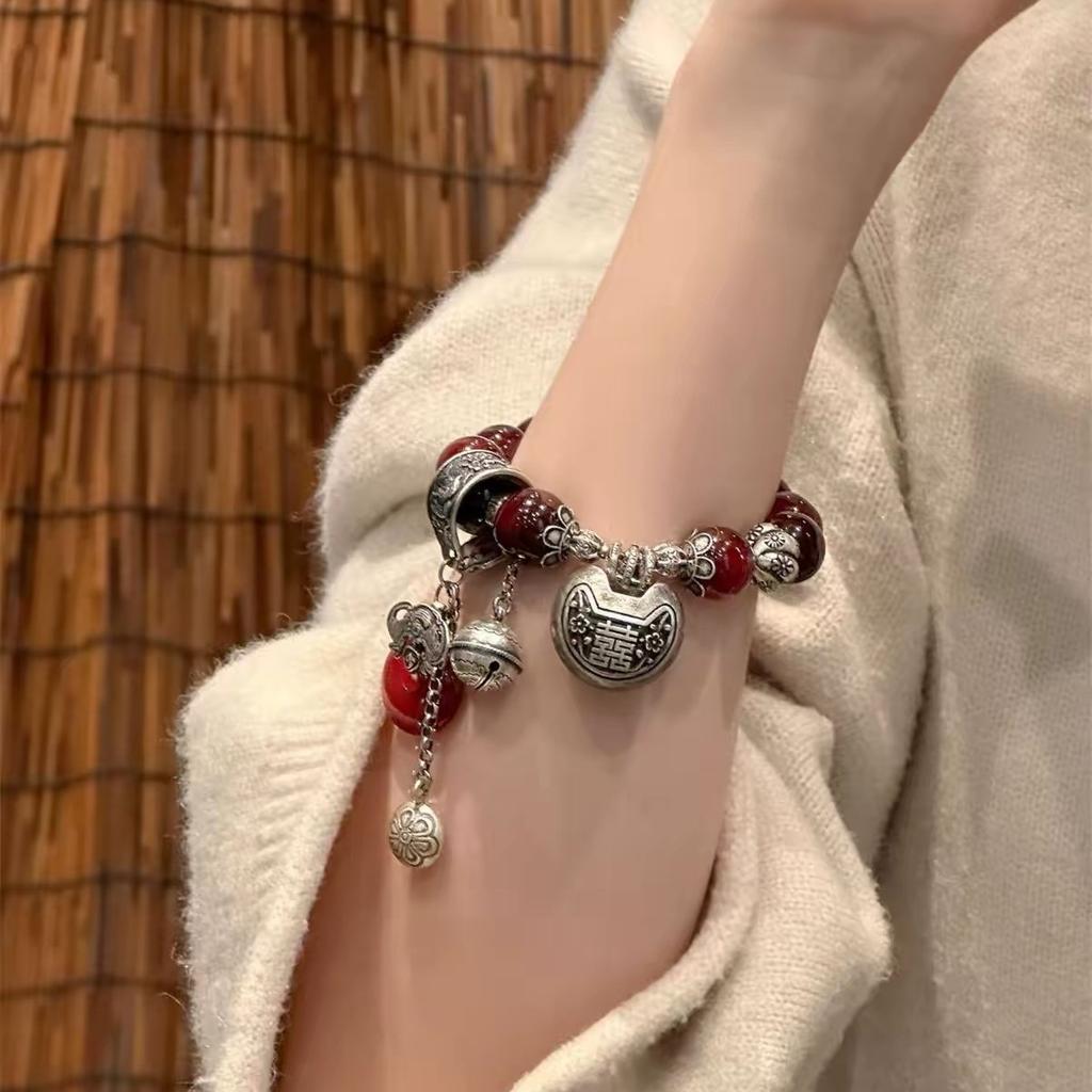 New Chinese Style Round Bead Safety Buckle Elastic Bracelet, Guochao Ethnic Double Happiness Lock Fringed Bracelet Versatile Multi-jewelry Bracelet