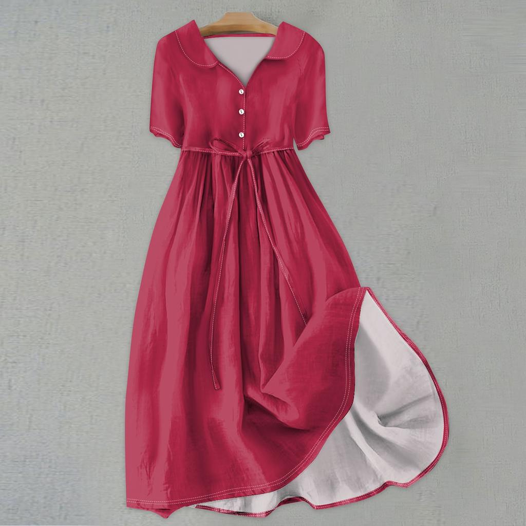Женская мода сплошной цвет воротник с лацканами пуговицы с коротким рукавом одежда ремни платье
