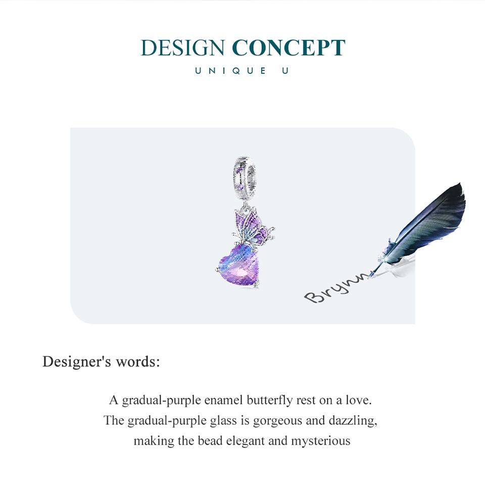 BAMOER стерлингового серебра 925 пробы градиент фиолетовый бабочка подвеска из бисера сердце подвески для женщин браслет и ожерелье DIY