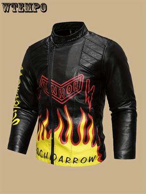 Мужская куртка из искусственной кожи с принтом черепа и пламени - уличный стиль, крутая красивая куртка для езды на мотоцикле - искусственная кожа - для мужчин