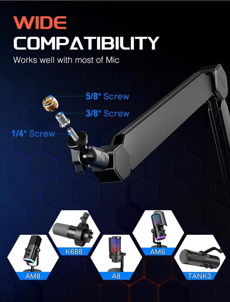 FIFINE Стойка-пантограф для микрофона, Настольная микрофонная стойка с удлинительной штангой, Телескопическая и складная, Вращение на 360°, Регулируемый угол, 14" до 38"