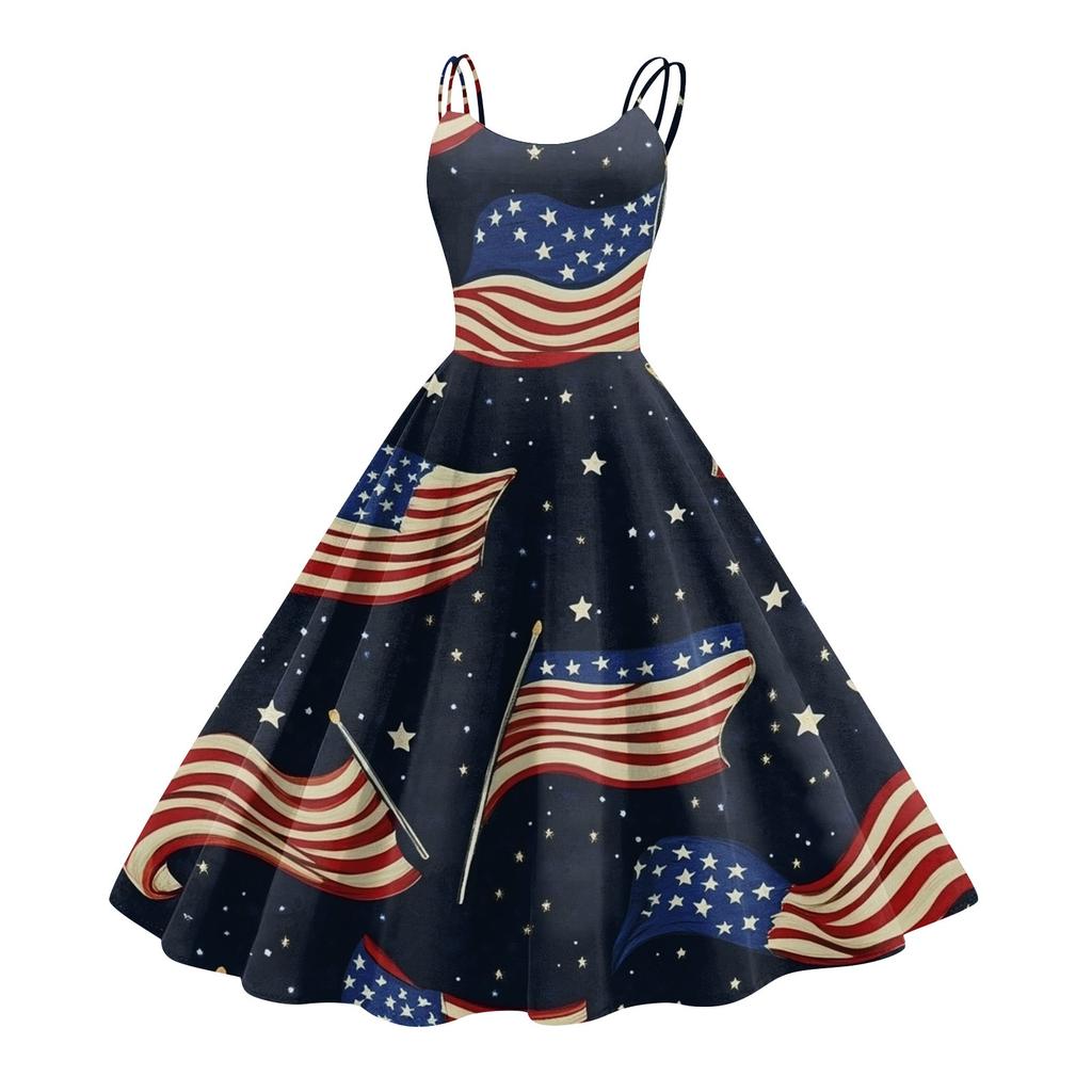 Women's Patriotic Starry Night Dress Sleeveless American Flag Design, Perfect for Celebrations & Summer Events