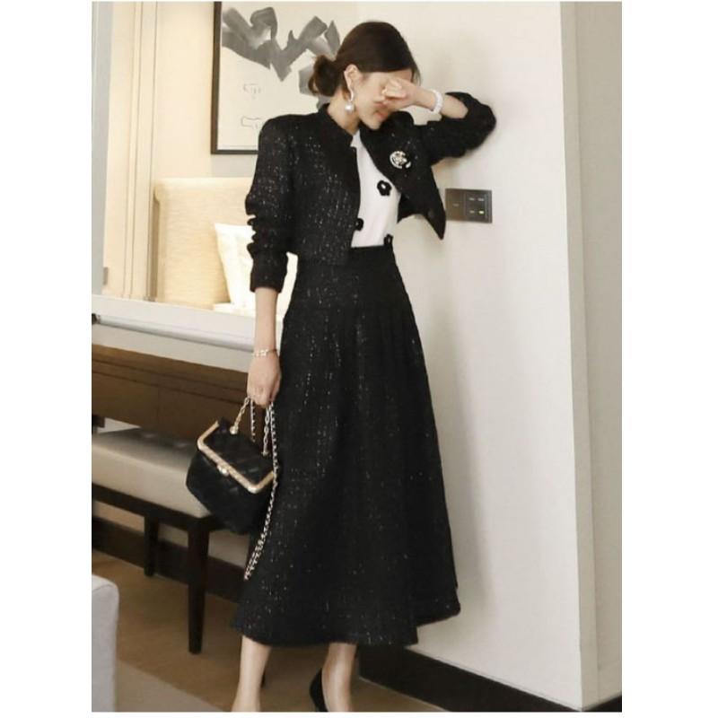 Женский комплект на весну и осень, темпераментный и элегантный, короткий твидовый жакет + утягивающая талию широкая юбка-солнце, комплект из двух предметов