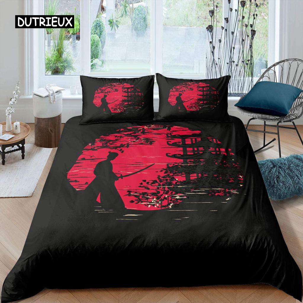 Samurai Duvet Cover Set Sunset Japanese Samurai Quilt Cover Scenery Silhouette Comforter Cover King Size 2/3pcs Twin Bedding Set