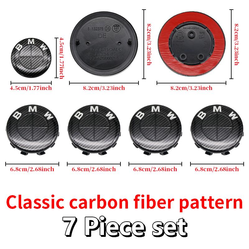 BBJX7 7Pcs Full Black Carbon Fiber Pattern Emblem Set for BMW Hood Trunk Wheel Steering Badge 82mm 74mm 68mm 56mm E90 F10 F30 Tuning
